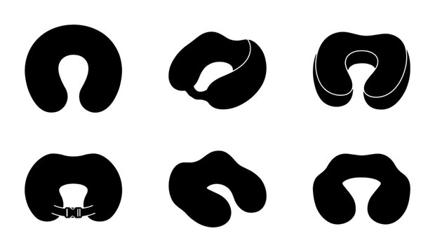 Travel Neck Pillow Icons Set, Ergonomic Support Cushion Silhouettes, Comfortable U-Shape Pillow Designs for Rest