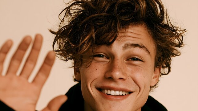 Happy young man waving with bright, friendly expression