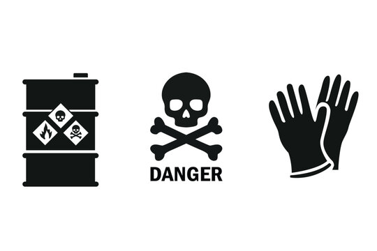 Industrial hazard safety icons set featuring chemical barrel poison skull warning protective gloves chemical protection industry protective materials flammable biohazard equipment handling