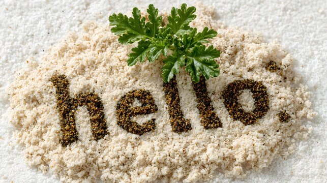 Sandy ground with 'hello' formed from dark seeds