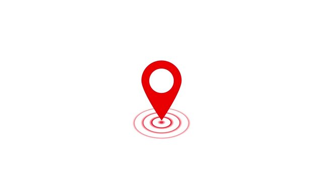 Red location pin with a circular ripple effect on a solid white background representing a digital navigation point for mapping applications