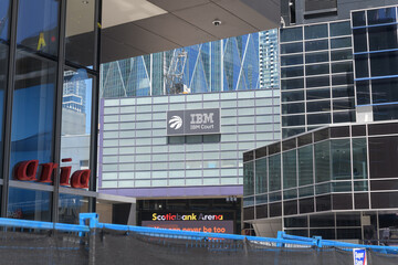 Naklejka premium Toronto Raptors logo and sign of IBM Court at Scotiabank Arena, a named concourse/club area inside the arena created through a corporate partnership with IBM