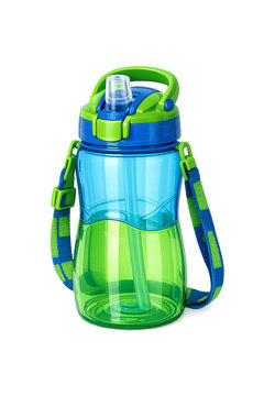 A child's blue and green reusable sippy cup with a no-spill design.