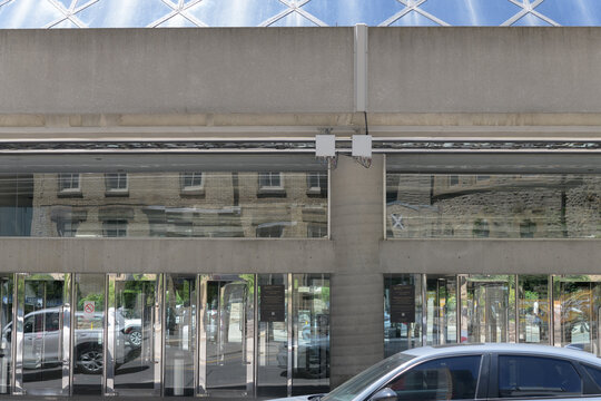 abstract entrance to Roy Thomson Hall, designed by Arthur Erickson (modernist, 1982), at 60 Simcoe St, funded by Roy & Kenneth Thomson, built as a concert hall for the Toronto Symphony Orchestra