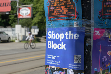 Naklejka premium street poster in Toronto (Shop the Block, Queen St W, Bathurst to Simcoe) spotted on Dundas St W