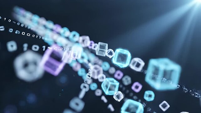 Abstract digital stream of interconnected cubes and binary code.