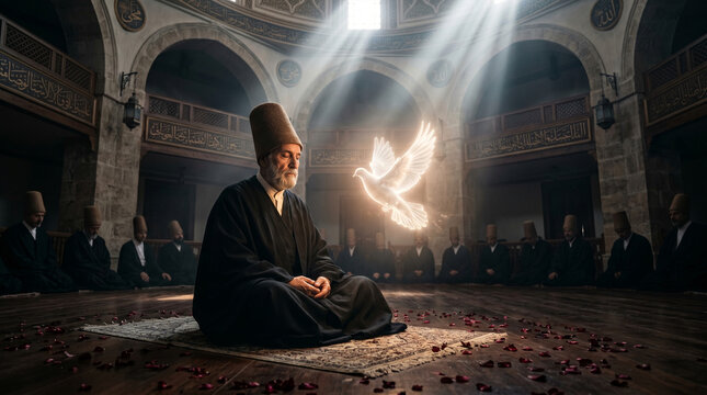 Sufi Master Meditates During Spiritual Ceremony in Ancient Hall with Glowing Dove