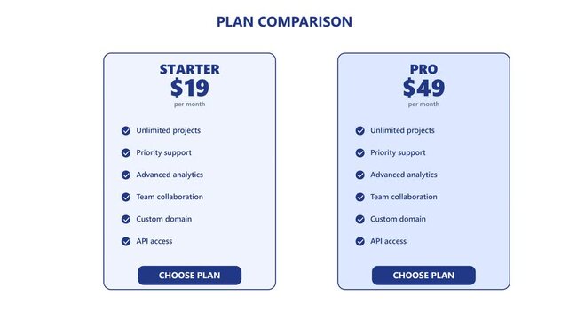 Saa s pricing plan comparison table with starter and pro subscription tiers for website ui saas software