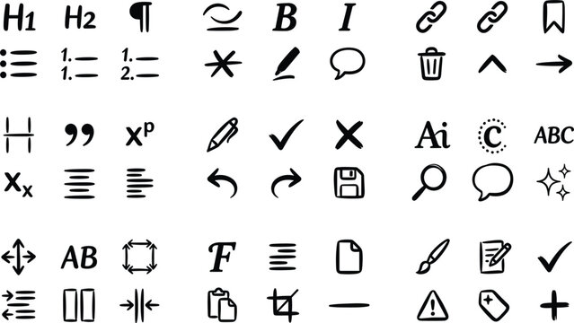 Hand Drawn Text Editing and Interface Font Formatting Icon Set with Headings Lists Alignment Links and Document Revision Symbols