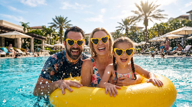 Joyful Family Splash in Sunny Resort Pool with Heart Sunglasses and Water Spray on Vacation Day