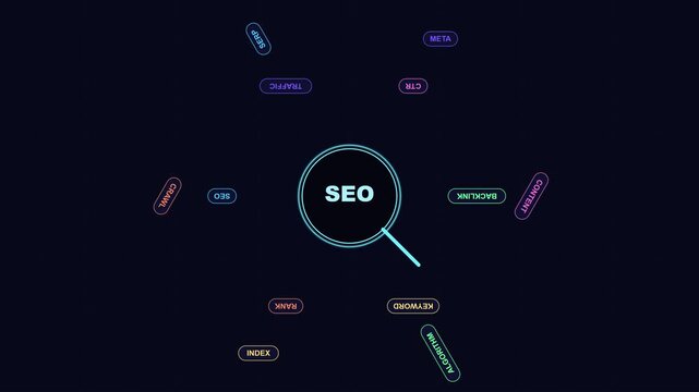 Seo concept animation with rotating keywords, digital marketing strategy and search engine optimization motion