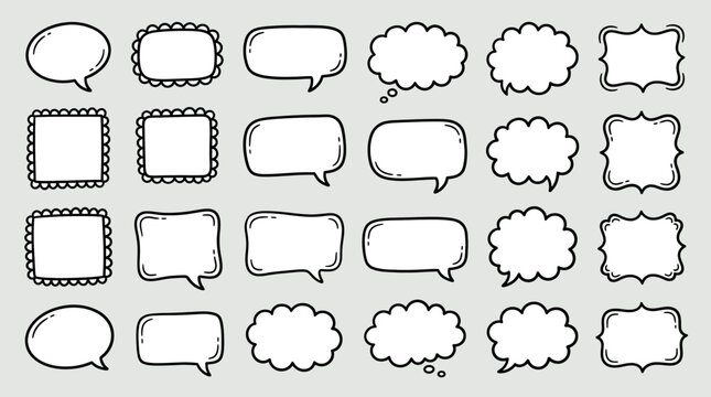 Set of hand drawn speech bubbles, comic book style thought balloons, doodle talk clouds, blank dialogue frames for text, vector illustration