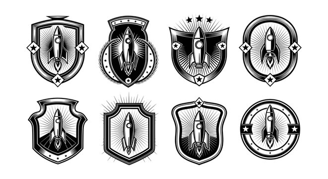 Set of eight unique cockroach shield crests with artistic designs and patterns on white background