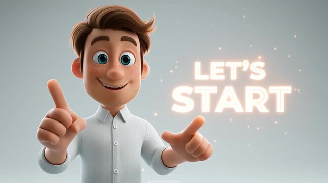 Person speaking directly to camera, pointing at large floating text &ldquo;LET&rsquo;S START&rdquo;, expressive hand gestures, dynamic presentation, modern marketing scene.