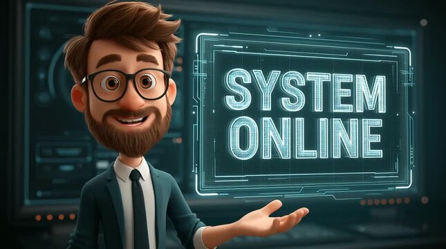 Cartoon spokesperson gesturing toward a large glowing interface displaying SYSTEM ONLINE. Animated character with natural mouth movement, modern digital presentation and futuristic technology concept.