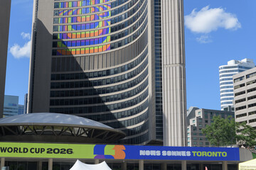Naklejka premium City Hall, 100 Queen St W, Toronto - with FIFA World Cup host city branding on windows and podium deck