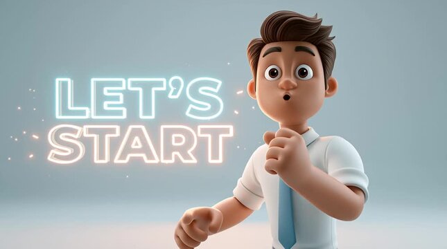 Person speaking directly to camera, pointing at large floating text &ldquo;LET&rsquo;S START&rdquo;, expressive hand gestures, dynamic presentation, modern marketing scene.