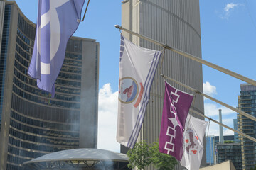 Naklejka premium Indigenous flags installation at Nathan Phillips Square (looking north to Toronto City Hall)