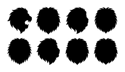 Lion Head Silhouettes, Majestic Mane Vector Icons, Fierce Roaring Profile and Frontal Views, Animal King Graphics © Touhidul