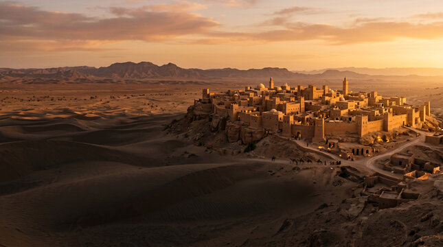 Desert settlement with traditional mudbrick architecture at golden hour in vast arid landscape