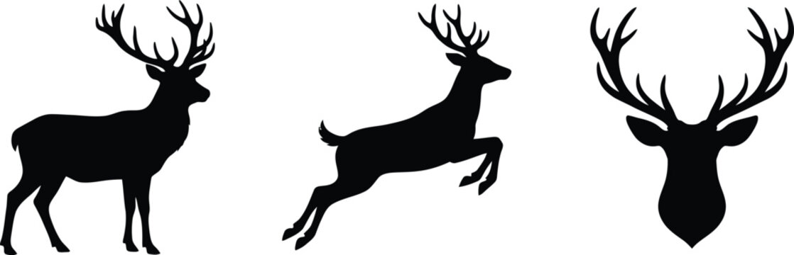 Deer silhouettes stag buck and antlered head