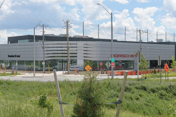 Fototapeta premium wide view of the recently constructed Porsche Centre Downtown, located at 190 Cherry St, Port Lands, Toronto
