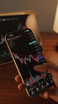 Trader Analyzing Stock Market Charts on Smartphone Through Brokerage App