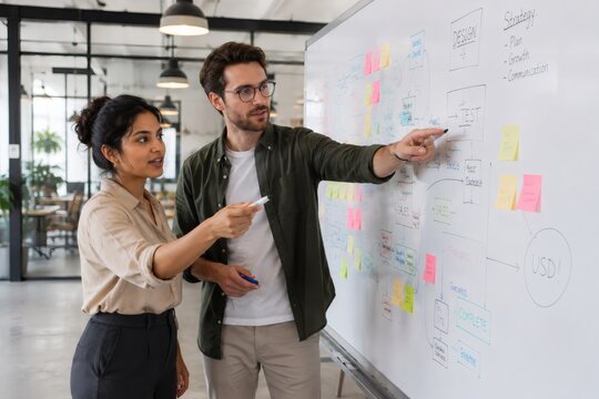 Two colleagues brainstorming with a whiteboard full of sticky notes