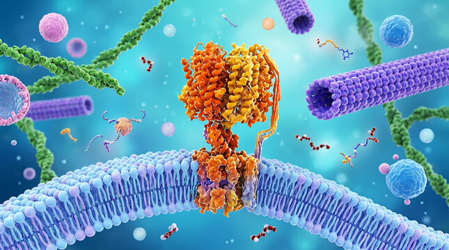 Biological cell membrane with protein channel and cellular structures molecule
