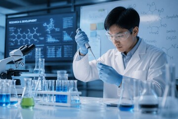 Fototapeta premium Scientist pipetting sample in research laboratory setting