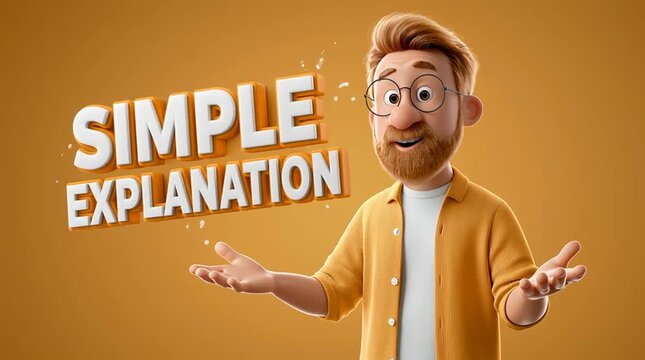 Professional instructor explaining a concept while gesturing toward large bold floating text reading SIMPLE EXPLANATION. Clean educational presentation style with natural communication and modern