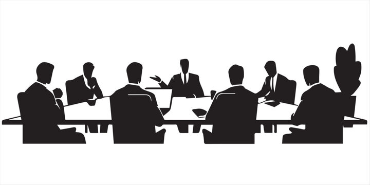 Vector collection of corporate business people silhouettes having job interviews and professional meetings around office desks