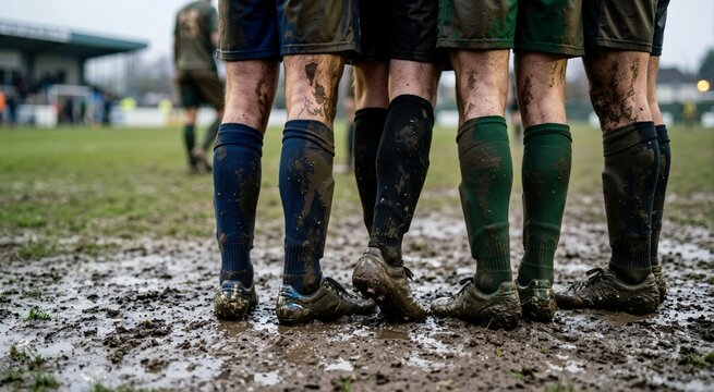 Close-up of mud-splattered legs and cleats of soccer players on a wet field. Athletes standing in thick mud after an intense rainy match. Teamwork and endurance in extreme sports conditions