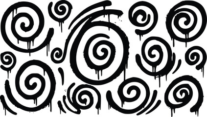 Fototapeta premium Abstract black and white vector illustration featuring various spiral graffiti shapes with dripping spray paint textures for modern creative designs