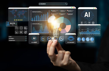 Fototapeta premium Innovative AI Technology Interface with Data Visualizations, Chatbot Features, and Light Bulb Symbolizing Ideas and Inspiration for Digital Solutions. Glyphic.
