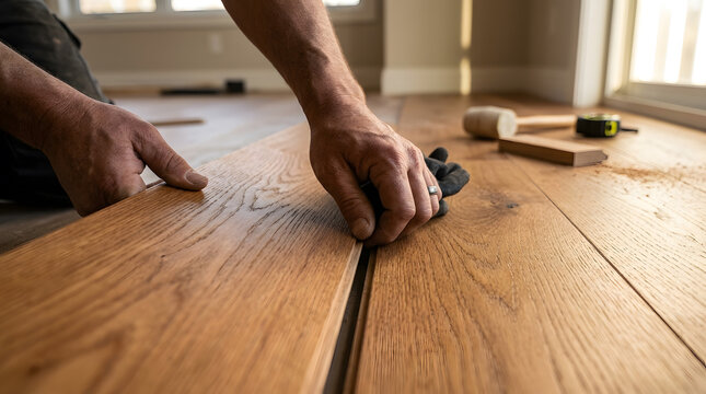 Professional Carpenter Installing Oak Hardwood Floor Planks | Close Up of Hands Fitting Wooden Flooring | Home Renovation and Interior Improvement Project | DIY Flooring Installation Process