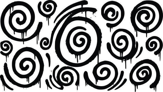 Abstract black and white vector illustration featuring various spiral graffiti shapes with dripping spray paint textures for modern creative designs