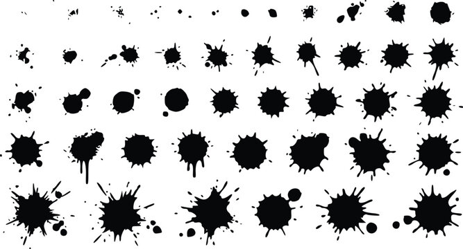 Detailed collection of black ink splatter vector graphic elements featuring various organic shapes and artistic messy paint brush drop marks