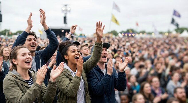 Diverse audience cheering and clapping at an outdoor music festival. Happy young adults enjoying a live concert performance in a large crowd