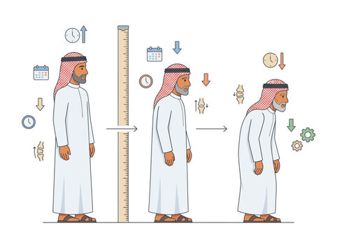 Aging man's posture changes from standing tall to stooped over time