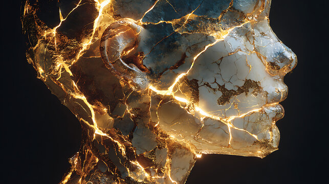 Surreal cracked human profile repaired with glowing golden seams, symbolizing mental health, emotional healing, resilience, recovery, post traumatic growth and inner strength