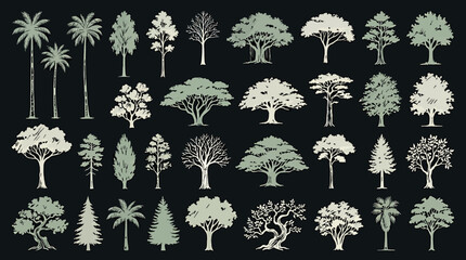 Collection of various handdrawn tree silhouettes, set of different deciduous and coniferous trees, vector illustration © SampaRani
