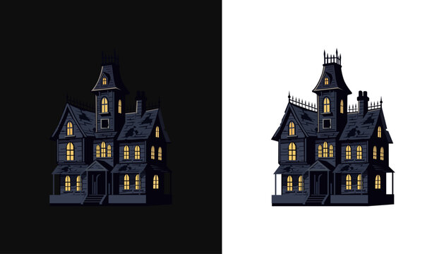 A spooky haunted house with lit windows on a white background vector.