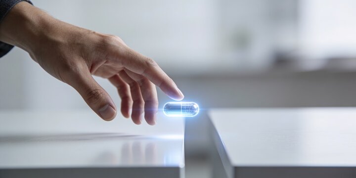 Hand guiding luminous data capsule between clean platforms for workflow handoff, data transfer and system coordination technology header with copy space