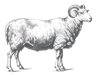 Hand drawn ram with curled horns in vintage rural engraving illustration.  © Ranjit