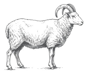 Hand drawn ram with curled horns in vintage rural engraving illustration.  © Ranjit