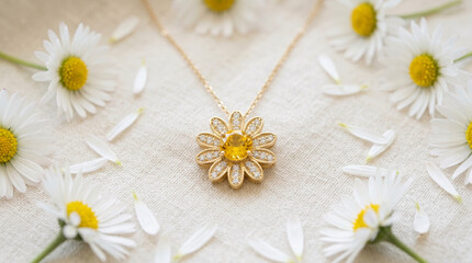 Obraz premium Gold Pendant, Daisy Shape, Yellow Gemstone, Diamonds, Fresh White Flowers on Textured Fabric