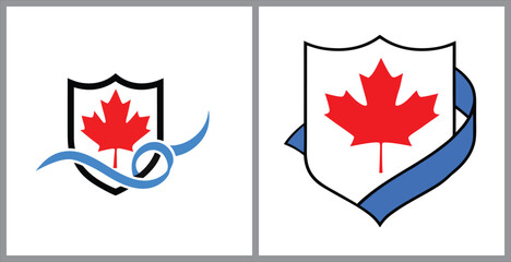 Obraz premium Canadian maple leaf shield emblem with blue ribbon