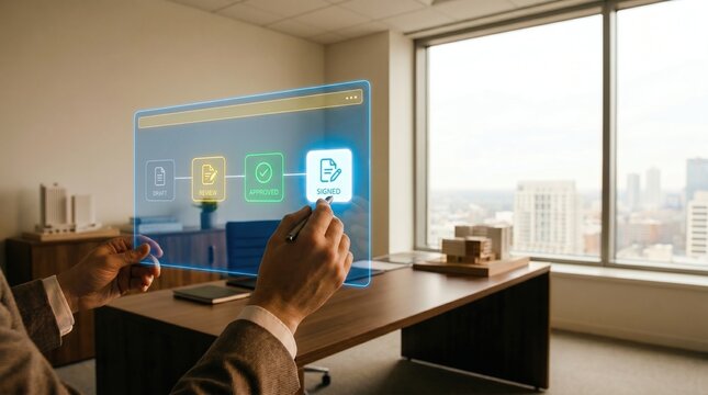 Electronic document management interface with professional hands interacting with floating approval workflow stages from draft to final sign-off in a minimalist office with premium cinematic lighting