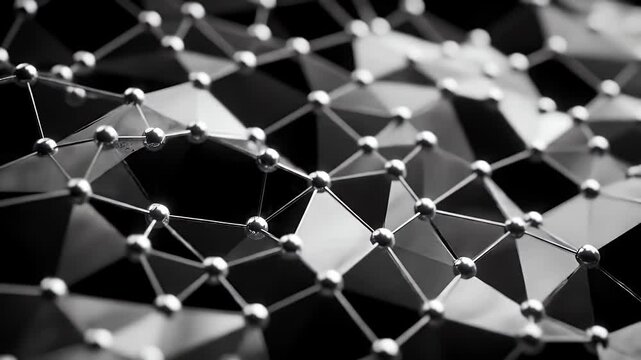 Abstract geometric network structure with metallic nodes and triangular facets.